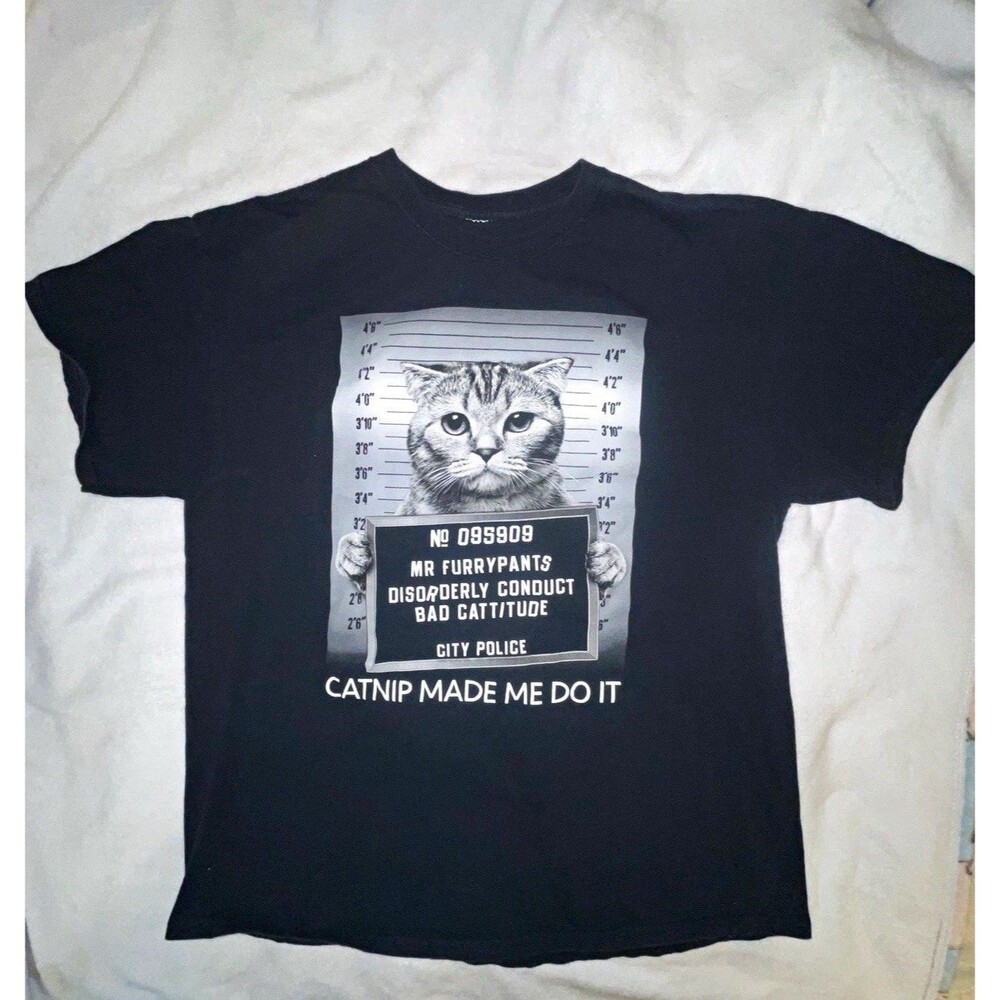 Black Cotton Knit Crew Neck Graphic Tee "Catnip Made Me Do It" Cat Funny XL